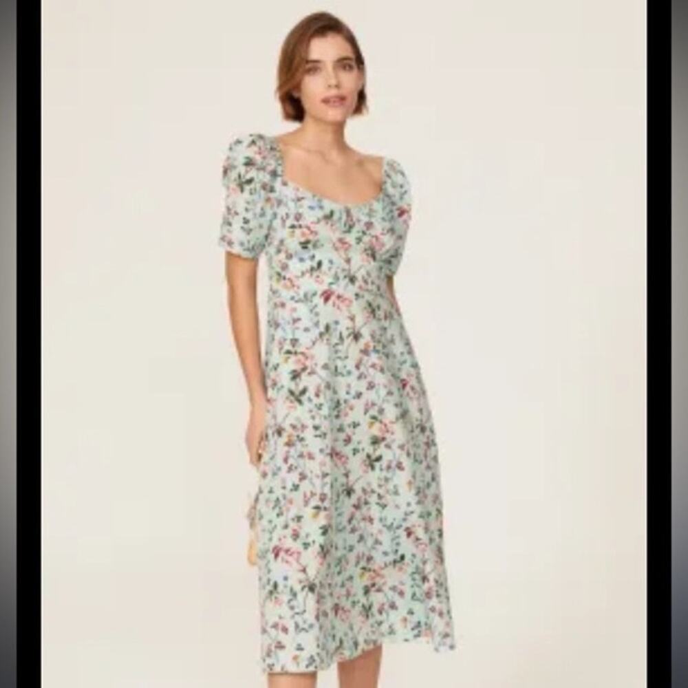 L. K. BENNETT Mint Green Floral Phelia Puff Sleeve Sweetheart Midi Dress Size 4